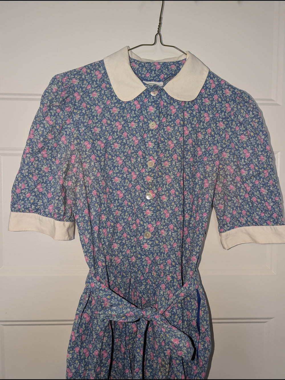 Laura Ashley Blue Floral Midi Dress with Pink Accents and White Collar - Picture 3 of 6